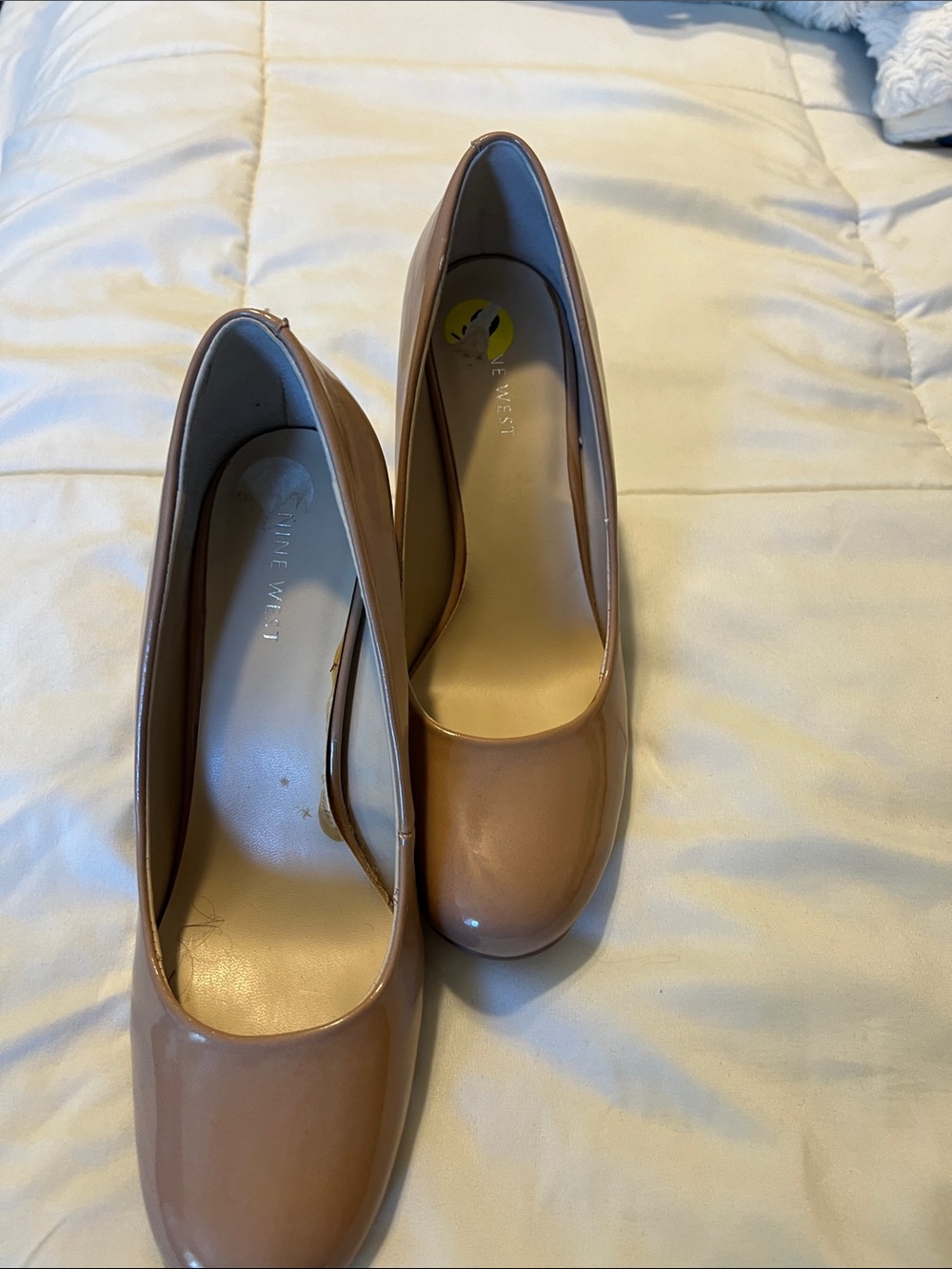 Nine West Taupe Patent Round-Toe Heels